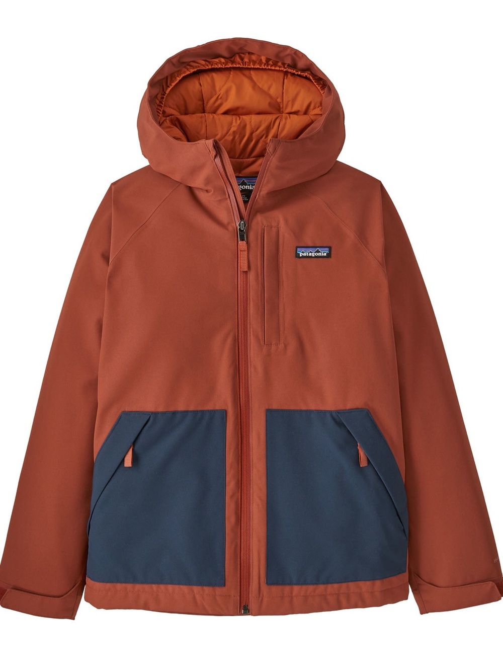 Patagonia Kids Everyday Jacket - Rust Hooded Insulated with Navy Pocket Panels